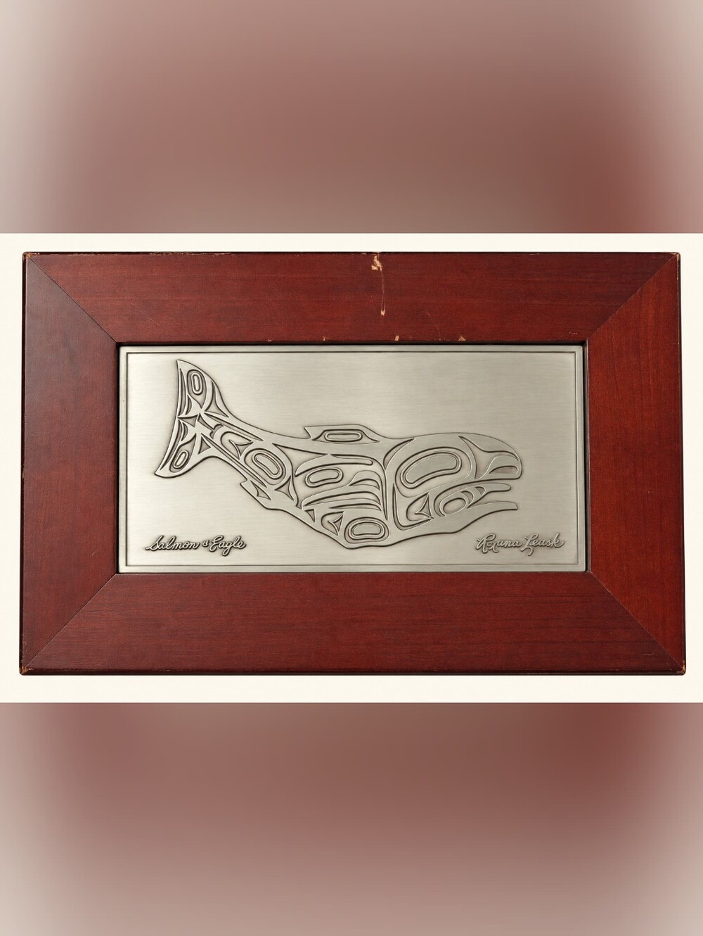 Vintage Roxana Leask Salmon & Eagle Pewter Wood Keepsake Box Alaskan Art 11.5"